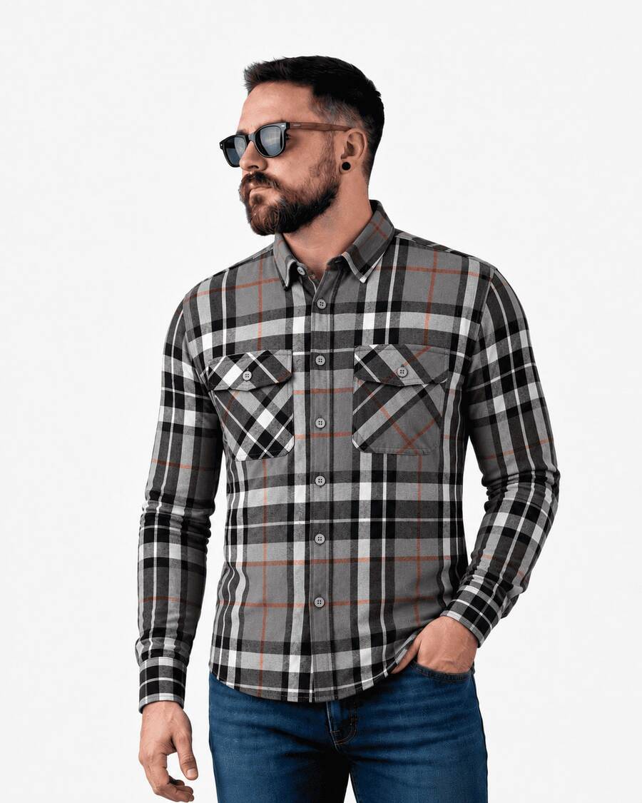 Men's Long-Sleeved Flannel Plaid Shirt - 灰色 - 查看 1
