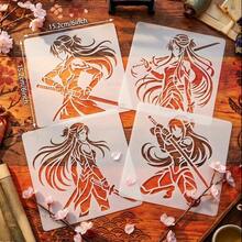4pcs Warrior Girl Stencil, Anime Female Samurai Art Templates Reusable For Artistic Hobbyists, Aesthetic Manga Swordswoman Drawing Stencil For Paper Crafts & Scrapbooking, Durable Asian Heroine Pattern Stencil For Fabric And Home Decor - Manga Swordswoma - View 3