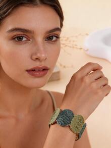 1pc Vintage Round Woven Bracelet, Bohemian Contrast Color Design, Versatile Bangle For Island Vacation, Pastoral Outings, Commuting, And Urban Daily Wear - Moss Green - View 9