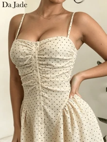 Women Sweet Casual Beige Polka Dot Mini Dress Spaghetti Strap Square Neck Front Button Ruched Waist Summer Beach Vacation Y2K Going Out Short Dress - Apricot - View 6