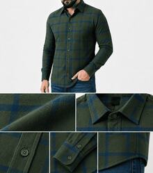Men's Long-Sleeved Flannel Plaid Shirt - 軍綠色 - 查看 3