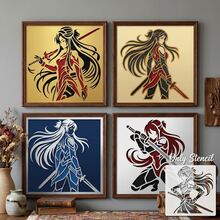 4pcs Warrior Girl Stencil, Anime Female Samurai Art Templates Reusable For Artistic Hobbyists, Aesthetic Manga Swordswoman Drawing Stencil For Paper Crafts & Scrapbooking, Durable Asian Heroine Pattern Stencil For Fabric And Home Decor - Manga Swordswoma - View 2