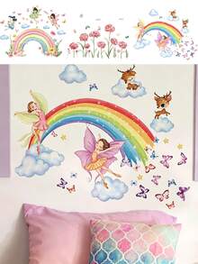 Rainbow Fairy Deer Wall Decal, Butterfly Cloud Floral Sticker, Home Wall Art Decor, Nursery Girls Room, Removable Self-Adhesive Room Art - Multicolor - View 1