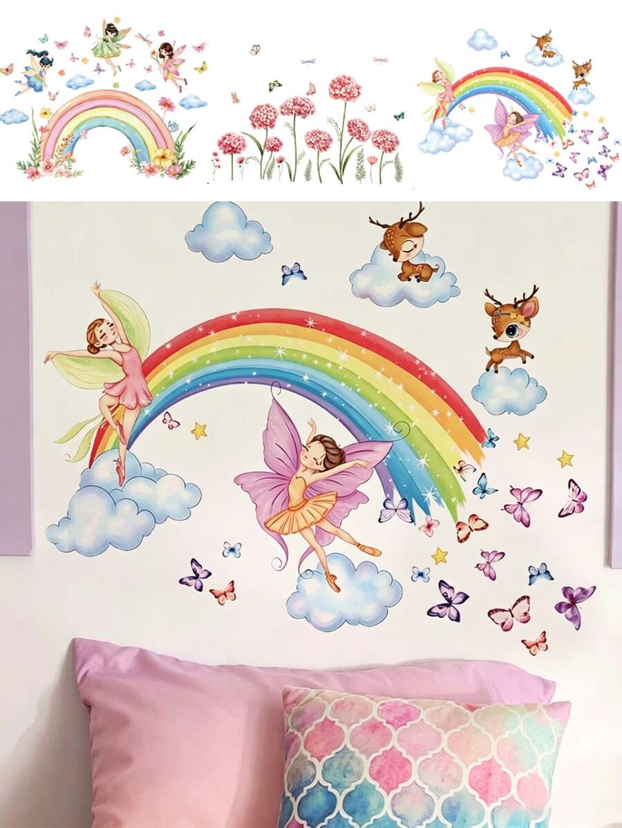 Rainbow Fairy Deer Wall Decal, Butterfly Cloud Floral Sticker, Home Wall Art Decor, Nursery Girls Room, Removable Self-Adhesive Room Art - Multicolor - View 1
