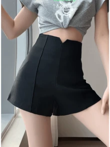 CZJ Pantalones cortos de traje de corte A de talle alto en color liso para mujer - Negro - Ver 9