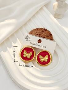 10 pièces/5 paires Boucles d'oreilles en acier inoxydable 304, élégantes et à la mode en forme de papillon, hypoallergéniques, faites d'émail durable, design rond, bijoux plaqués or pour femmes - Multicolore - Voir 6