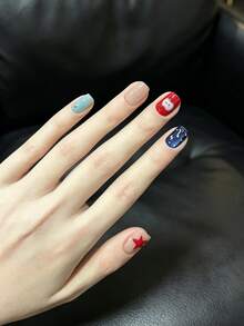 10Pcs Handmade Press On Nails, Short Square, Cute Cartoon Star & Ghost Print, Multicolor Red Blue Green, Glossy Reusable Fake Nails, Fun Kawaii Full Cover Nail Tips For Women - Multicolor - View 2