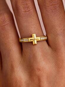 1 pieza Anillo de nudo dorado con circonita cúbica, diseño retorcido con pavé, anillo de moda apilable para mujer - Dorado - Ver 5