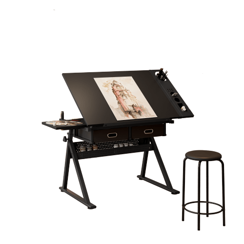 Adjustable Drawing Table With 2 Drawers, Ideal For Home Office And School, With Stool (Black)