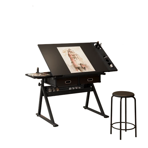 Mesa de dibujo ajustable con 2 cajones, ideal para oficina en casa y escuela, con taburete (negra) - Negro - Ver 1