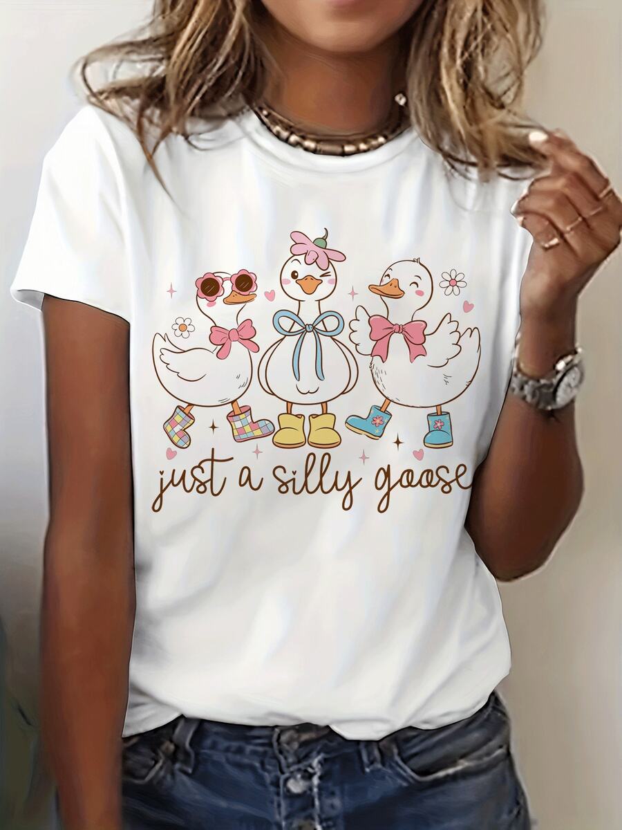 A Fun Graphic Tee Featuring A Silly Goose Design, Perfect For Casual Wear In The Spring And Summer, Designed For Women - White - View 1