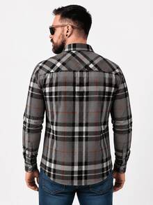 Men's Long-Sleeved Flannel Plaid Shirt - 灰色 - 查看 2