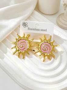 5 pares de pendientes de botón de mujer de moda hipoalergénicos de acero inoxidable 304 con diseño de girasol, pendientes de espiral esmaltados, joyería chapada en oro que no se desvanece - Multicolor - Ver 10