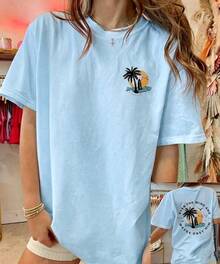 Women's Y2k Coconut Tree Graphic Oversized T Shirts Tops - Women's T-Shirts - Vacation Outfits Women - 2026 New Summer Tops - 淺藍色 - 查看 2
