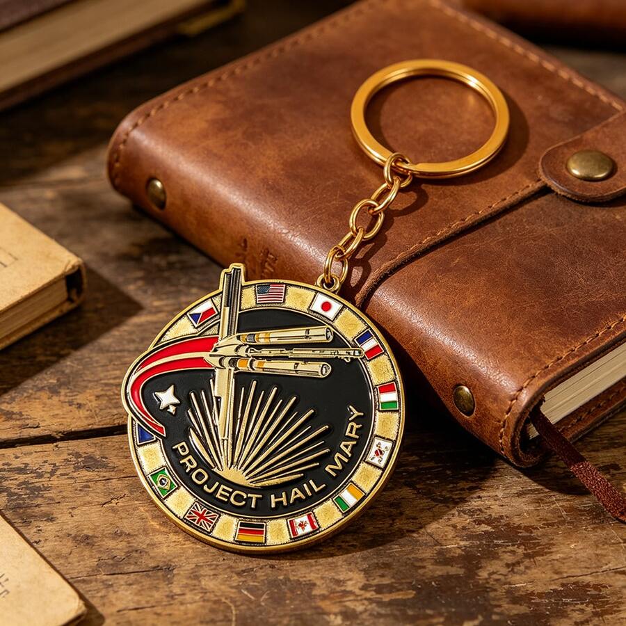 Project Hail Mary Enamel Keychain Sci-Fi Novel Fans Gift International Flags & Rocket Design Metal Key Ring