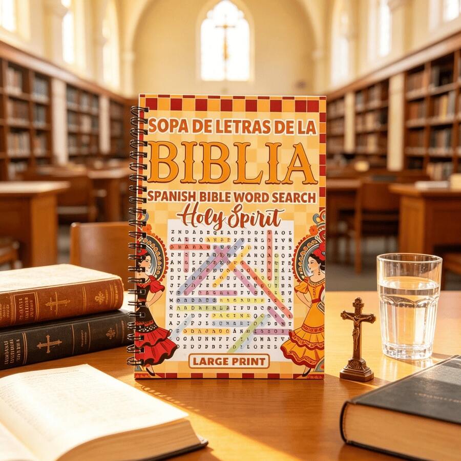 1pc Spanish Bible Word Search Notebook, Holy Spirit Themed Large Print Journal, Spiral Bound Religious Scripture Activity Planner, For Faith Reflection & Christian Devotion, Back To School - A - View 1