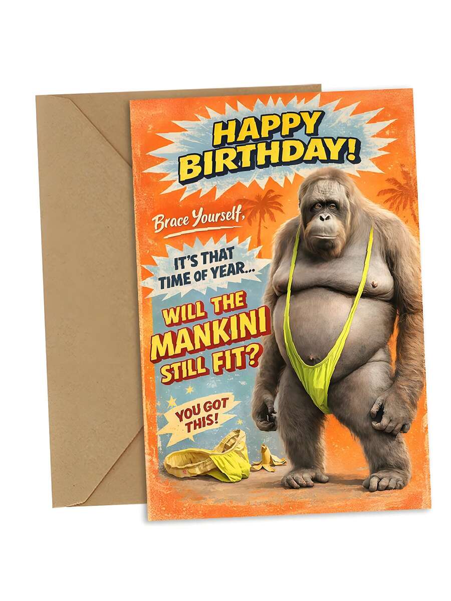 1 pieza Tarjeta de felicitación de cumpleaños divertida con sobre - "¿SEGUIRÁ QUEDANDO BIEN EL MANKINI?" Regalo perfecto para él, tarjeta con texto, mensaje humorístico, tarjeta de felicitación con página interior en blanco - Y - Ver 1