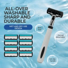 Maquinilla de afeitar manual de 6 capas con cuchillas reemplazables, interruptor de botón, lavable, afeitadora portátil de viaje, regalo ideal para hombres - Multicolor - Ver 7