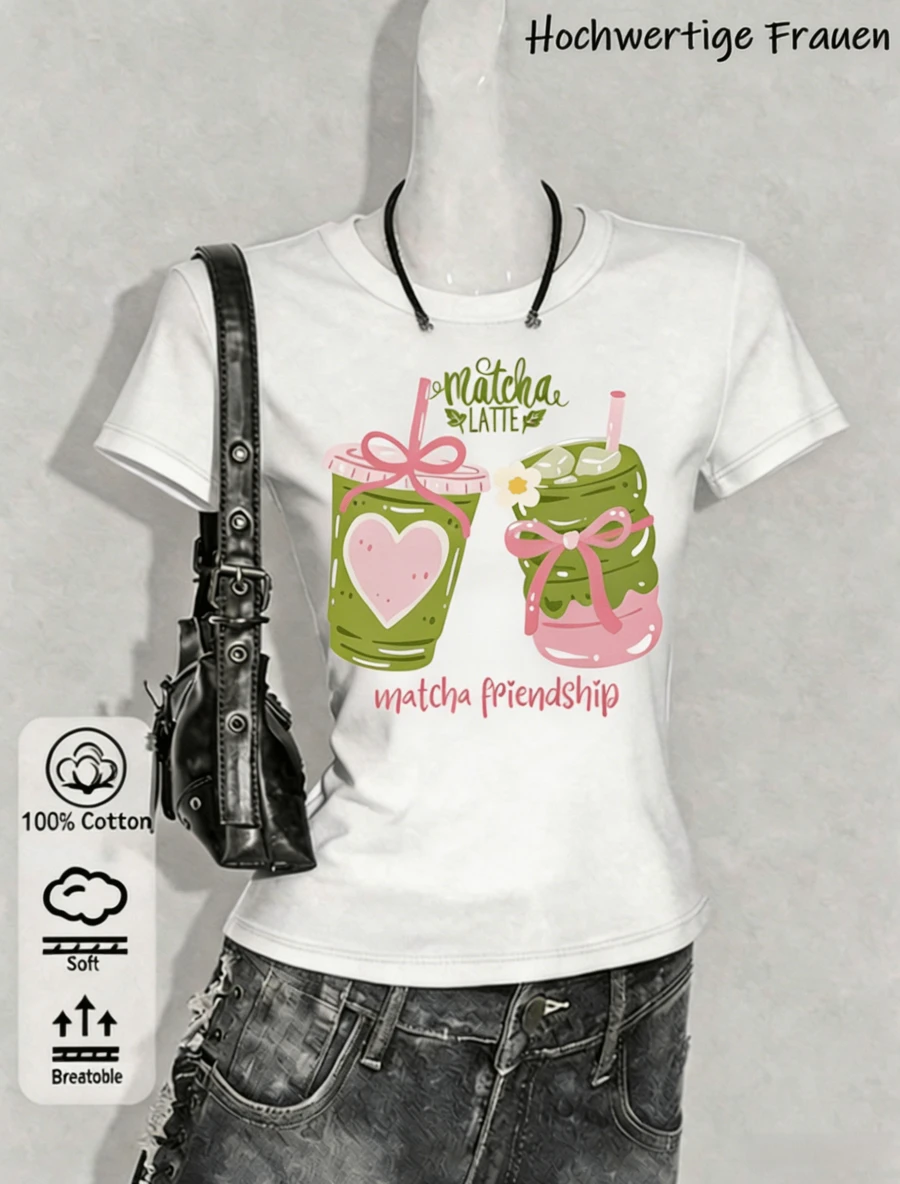 2026 100% Pure Outdoor Theme T-Shirt, Women's Short-Sleeve T-Shirt, Matcha Latte Heart Print, Casual Summer T-Shirt Top, Summer Top, Women's - Weiss - View 1