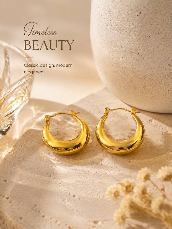 1 Pair French Vintage Minimalist Old Money Style Premium 316 Stainless Steel 18K Gold Plated Waterproof Sweat-Proof Non-Fading Hypoallergenic Classic Polished Thick Crescent Waterdrop Curved Hoop Earrings For Women, Suitable For Daily Work, Beach Swimming, Vacation, Gym, Party, Camping, Picnic, Photos, Valentine's Day, Mother's Day, Christmas, Birthday Gift For Girlfriend And Best Friend
