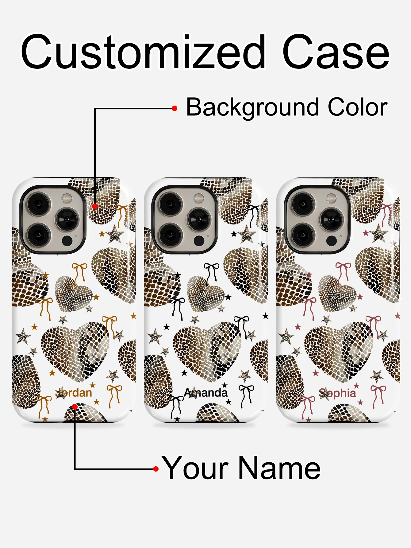 1pc Snake Skin Heart Color Customized Personalized Text Full Coverage Glossy Film 2-In-1 Hard Shell Phone Case Protective Cover Compatible With IPhone 11/12/13/14/15/16 17 Pro Max - Multicolor - View 1