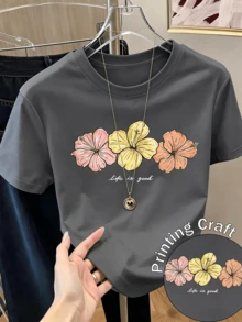 Women's Floral Print Short Sleeve T-Shirt, Spring Clothes, Holiday Outfit, Apricot Summer Color, Beach Look, Vacation, Country Style, Office Outfit - 深灰色 - 查看 9
