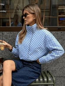 HZXVIC Women's New Contrast Color Polka Dot Casual Jacket, With Drawstring Zipper, Stand Collar, College Style, Spring Vacation - Blue - View 10