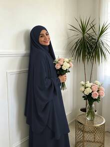 2件組 Nida面料女款寬鬆舒適Khimar長袍套裝，適合日常外出與祈禱穿著，四季皆宜，穆斯林伊斯蘭服飾Khimar頭巾祈禱吉爾巴布 - 彩色 - 查看 8