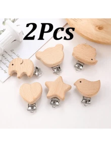 قطعتان من خشب الزان مع مشبك ثابت على شكل حيوان كرتوني، إكسسوارات خرز DIY لصنع مشابك مضادة للفقدان - مقطع خشب زان - مشاهدة 2
