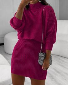 Elegance Turtleneck Knit Set - Batwing Blouse & High-Waisted Skirt – Chic Winter - 玫瑰紅 - 查看 1