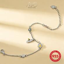 925 Silver Colorful Flower Bracelet For Women, Inlaid With Zirconia And Cute Bees, Lovely Jewelry Gift For Her, Summer - Gold - View 7