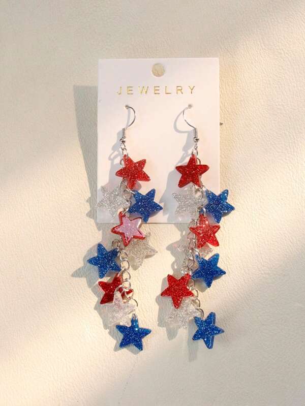 1 par de aretes de gancho para oreja exagerados del Día de la Independencia con rayas largas, corazón y estrella de acrílico de EE. UU., joyería de aretes pequeños (tarjeta no incluida)
