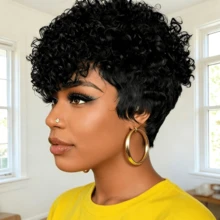 Women Elegant Curly Pixie Wig - Natural Curly Wave Human Hair Wig With Bangs,Full Machine Made, Short Pixie Cut For Everyday & Special Occasions - Multicolor - View 3