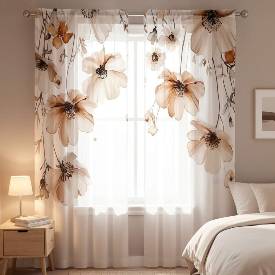 2pcs/Set Lightweight Style Light Color Floral Sheer Curtains - With Rod Pocket Design, Provides Privacy And Easy Installation, Perfect For Living Room And Bedroom Decor, Machine Washable, All Season Use, Multi-Functional Sheer Curtains - Multicolor - View 1