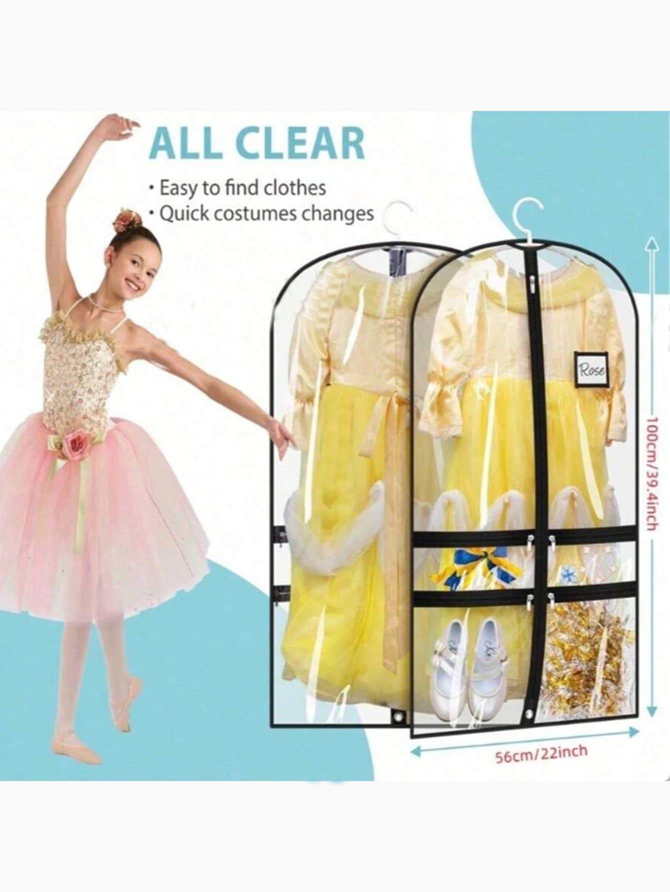 2/5 pezzi Borse trasparenti per costumi da ballo con 4 tasche, adatte per ballerini; Borsa per costumi da ballo da 40 pollici per bambini, adatta per viaggi e competizioni di danza; Può appendere e conservare abiti, uniformi e altri indumenti; Borsa nera anti-polvere, materiale in poliestere; 1 pezzo Borsa anti-polvere | Copertura anti-polvere extra grande e spessa; Borsa per conservare abiti da ballo per ragazze - nero - Visualizzare 1