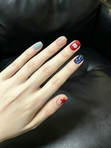 10Pcs Handmade Press On Nails, Short Square, Cute Cartoon Star & Ghost Print, Multicolor Red Blue Green, Glossy Reusable Fake Nails, Fun Kawaii Full Cover Nail Tips For Women - Multicolor - View 5