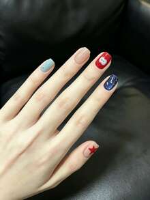 10Pcs Handmade Press On Nails, Short Square, Cute Cartoon Star & Ghost Print, Multicolor Red Blue Green, Glossy Reusable Fake Nails, Fun Kawaii Full Cover Nail Tips For Women - Multicolor - View 4