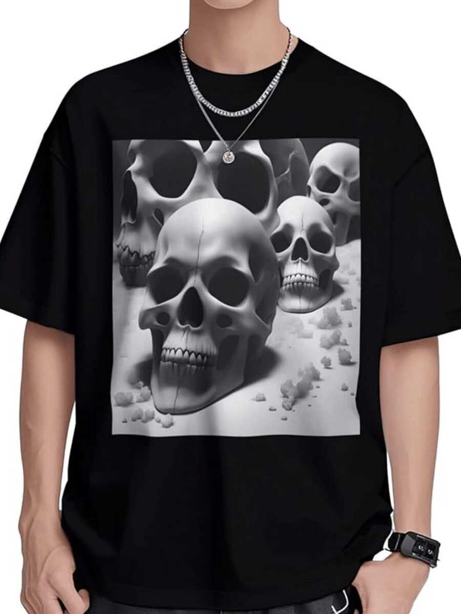 Three-Dimensional Skulls Symbolize Inner Strength And Reflection On Life. Modern And Comfortable Men's T-Shirt For Everyday Wear. - Black - View 1