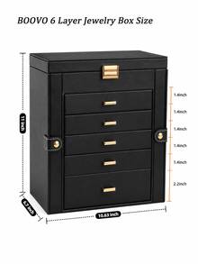 BOOVO 1PC Large 6-Layer PU Leather Jewelry Box With Mirror, Double-Door Jewelry Organizer With Necklace Hooks, Ring Slots & Multi-Drawer Storage For Rings, Earrings, Bracelets, Watches & Accessories, Elegant Gift For Women - Black - View 5