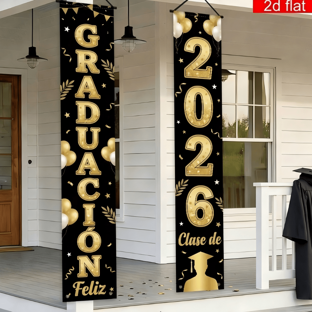 1 Pair Spanish Style 2026 Graduation Class Doorway Banner, Black And Gold Theme, Graduate Silhouette Decorative Pattern, Polyester Material, Suitable For Graduation Party, School And Yard Decoration