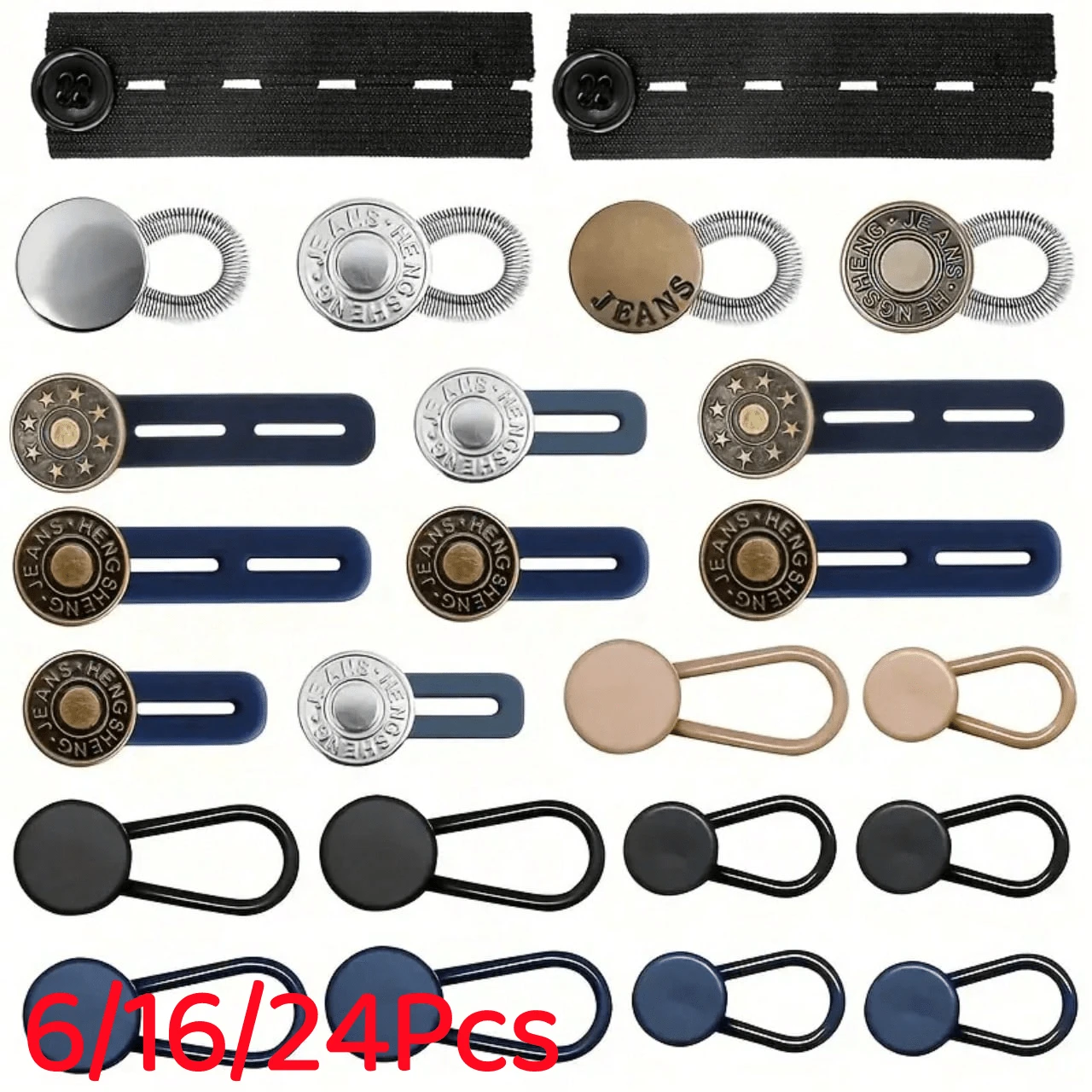 6/16/24Pcs Button Waist Extender, Multi-Size Adjustable Elastic Pants Button Extender, Seamless Flexible Denim Belt Extender