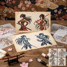 4pcs Warrior Girl Stencil, Anime Female Samurai Art Templates Reusable For Artistic Hobbyists, Aesthetic Manga Swordswoman Drawing Stencil For Paper Crafts & Scrapbooking, Durable Asian Heroine Pattern Stencil For Fabric And Home Decor - Manga Swordswoma - View 4