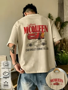 Disney IP Collaboration Cars Lightning McQueen Print Men's T-Shirt With Crew Neck And Short Sleeves, Relaxed Fit! Summer Clothing For Men, Cotton T-Shirt With Graphic Print, Suitable For Everyday Wear, Leisure And Sports. - 咖啡棕 - 查看 2