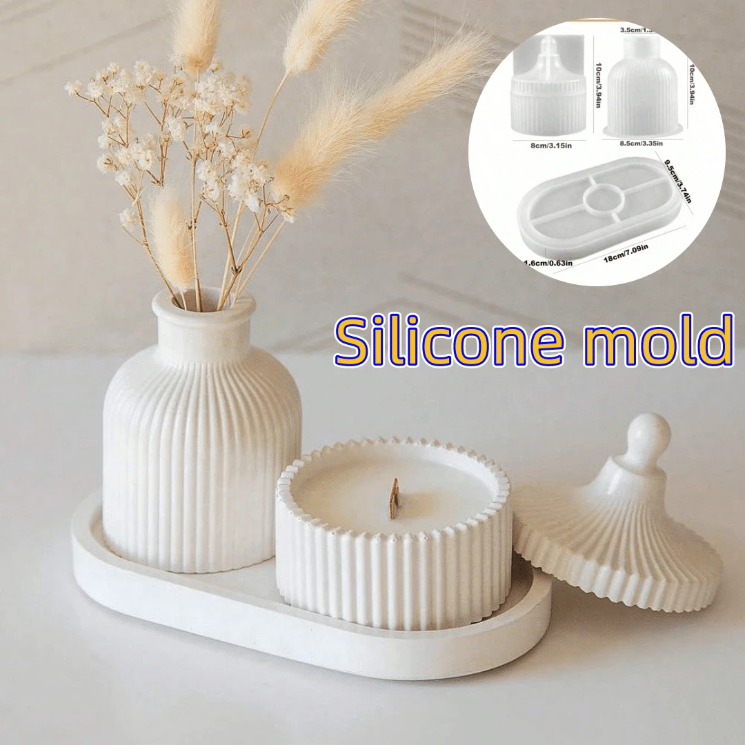 Set de 3 moldes de silicona, kit de manualidades versátil para portavelas, bandejas ovaladas y jarrones/macetas a rayas, adecuado para resina epoxi, concreto, yeso - excelente para decoración del hogar y exhibición de joyas (Confirme los detalles del tamaño antes de comprar, precaución para los clientes que se preocupan por tamaños ligeramente talla grande pequeños) - molde de silicona blanco - Ver 1