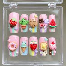 Handmade Nails Press On,Hard And Durable Nail Art,Handmade Kawaii Dessert Press On Nails | Shopkins-Inspired Characters, Chocolate, Donut & Ice Cream | Long Coffin Nails For Cute Sweet Vibes Summer Nail Art / Applicable To 899 Regions - 玫紅色 - 查看 7