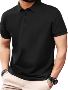 1件夏季柔軟舒適透氣防皺防起球商務休閒運動純色 Polo 衫 T-shirt - 黑色 - 查看 2