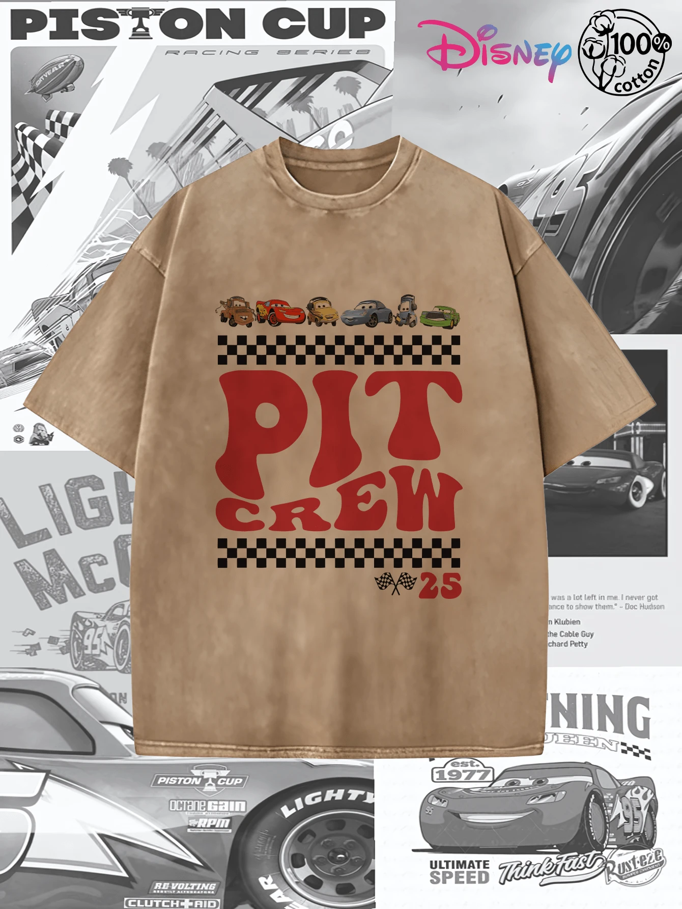 Disney IP Collaboration Cars Lightning McQueen Print Men's T-Shirt With Crew Neck And Short Sleeves, Relaxed Fit! Summer Clothing For Men, Cotton T-Shirt With Graphic Print, Suitable For Everyday Wear, Leisure And Sports. - 咖啡棕 - 查看 1