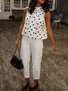 Nueva blusa tipo tank para mujer con lazo, de tela tejida, sin espalda, sin mangas, con estampado de lunares, estilo casual para primavera y verano, color blanco, estilo chica francesa - Blanco - Ver 4