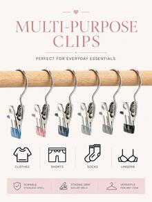 Premium Stainless Steel Clothes Clips, Adjustable Metal Pants Hanger With Clips, Laundry Pegs With Hooks, Portable Hanging Clothes Clips For Clothing Decoration, Holiday Decor, Pants And Skirt Hanger With Clips, Spring, Minimalist, Summer Tops - Multicolor - View 3