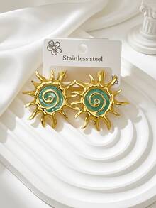 5 pares de pendientes de botón de mujer de moda hipoalergénicos de acero inoxidable 304 con diseño de girasol, pendientes de espiral esmaltados, joyería chapada en oro que no se desvanece - Multicolor - Ver 6